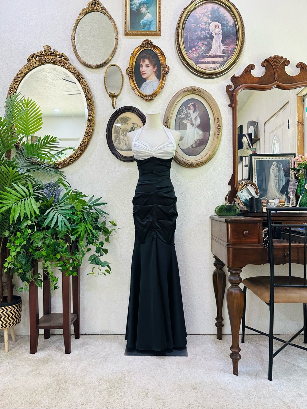 Blondie Nites Black and White Ruched Mermaid Maxi Dress